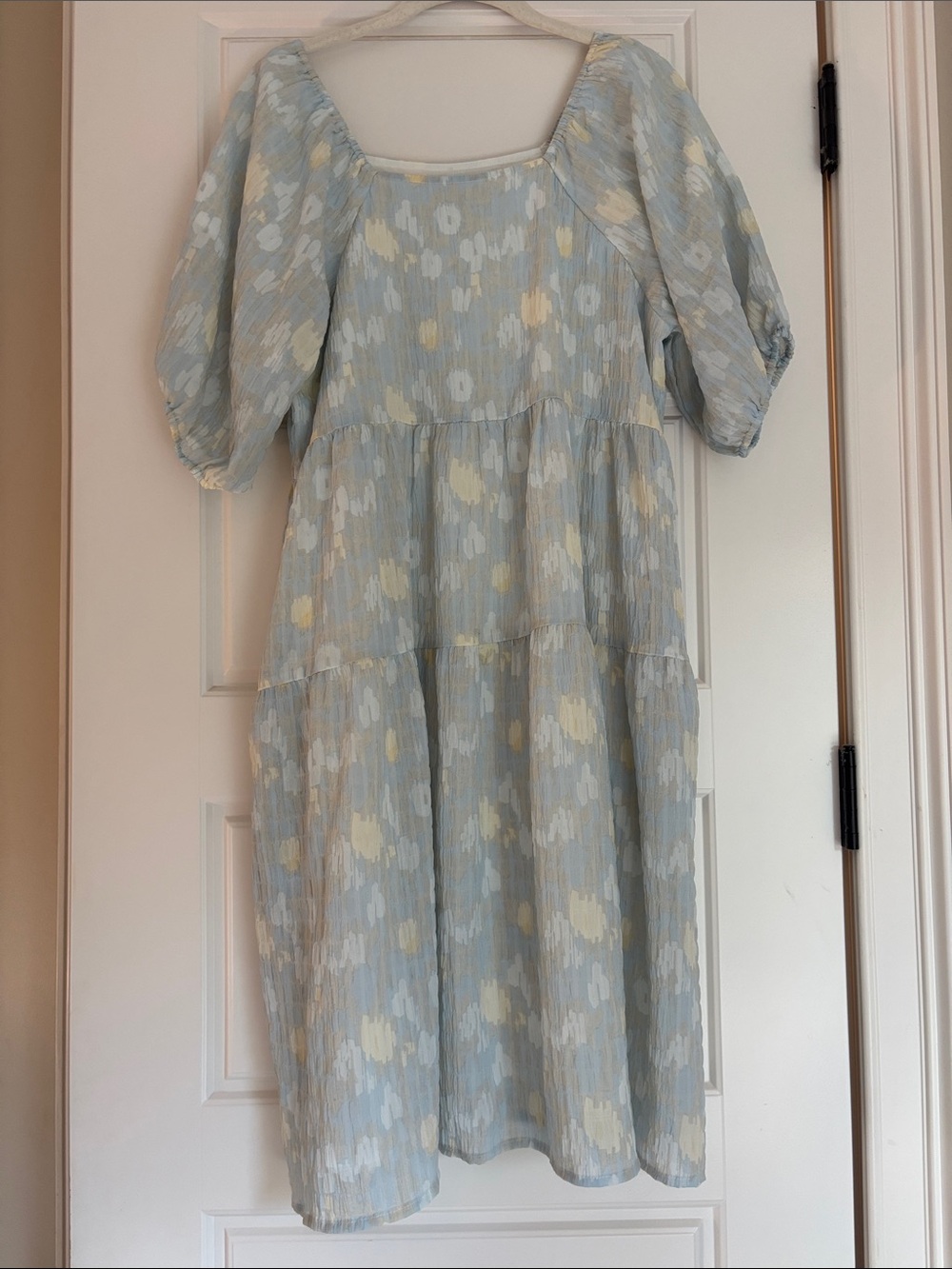 Light Blue Puff Sleeve Tiered Midi Dress with Cream Floral Print